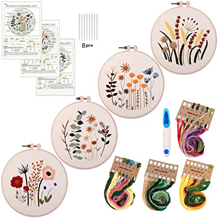 4 Sets Embroidery Starter Kit with Pattern and Instructions, DIY Beginner Starter Stitch Kit Include 1Embroidery Hoop,4 Embroidery Clothes with Plants Flowers Pattern,Color Threads (Embroidery-D)