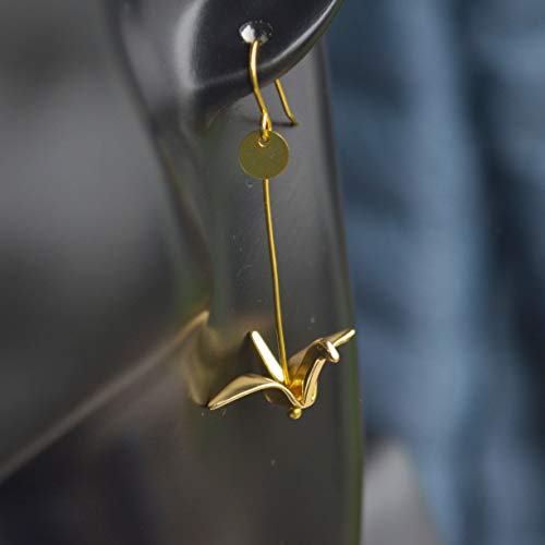 a Pair Flying Crane Animal Bird Geometry Long Gold Plated Drop Earrings