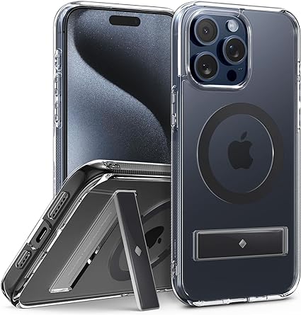 Caseology Capella Mag Kickstand for iPhone 15 Pro Max Case 5G [Ultra-Clear Anti-Yellowing Compatible with Magsafe] Military Grade Drop Tested (2023) - Clear Charcoal