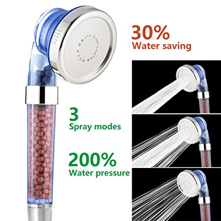 Ionic Shower Head, Filter Handheld Shower Head 3-Way Spray hand shower with Ion Mineral Balls by Nosame