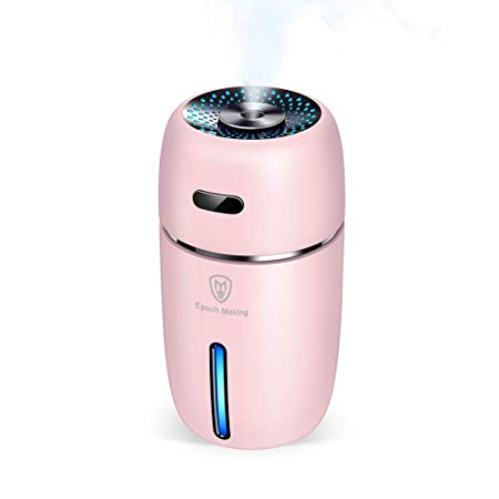 Epoch Making USB Car Humidifier, 200ml Mini Portable Humidifiers Air Purifier with 7 Colors LED Night Light, Quiet Operation, Adjustable Mist Modes for Travel Home Baby Office Car (Pink)