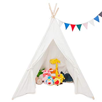 JOYMOR Foldable 100% Cotton Canvas Indoor Teepee Tent Indian Playhouse for Kids Play with Banner,Carry Bag,Window,Pocket,Not Including Mat (White with 4 Poles)