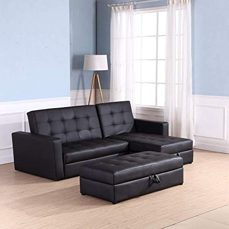 Homcom Deluxe Faux Leather Corner Sofa Bed Storage Sofabed Couch with Ottoman New Black