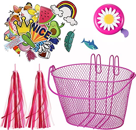 Kid's Bicycle Basket Streamers Set, Children's Bike Wire Mesh Basket with 2 Pieces Colorful Bike Streamers, Bell and 30 Pieces Stickers, Bicycle Decoration Accessories for Boys and Girls