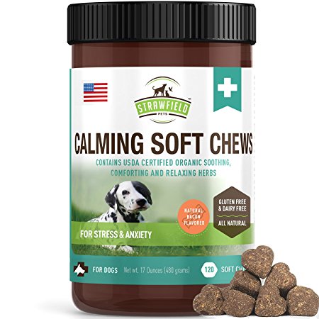 Strawfield Pets Anxiety Relief for Dogs   L-Tryptophan - 120 Calming Chews - Separation Anti Anxiety, Stress Relief, Natural Calm Aid Supplement for Anxious, Nervous, Aggressive, Barking Dog - USA