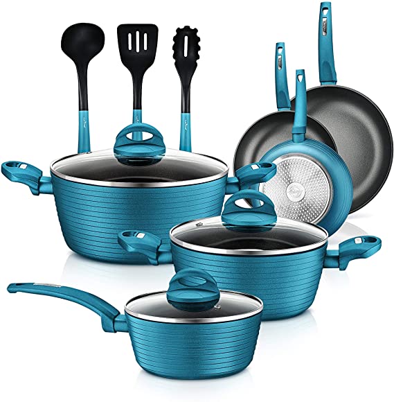 NutriChef Nonstick Kitchen Cookware Set - Professional Hard Anodized Home Kitchen Ware Pots and Pan Set, Teal