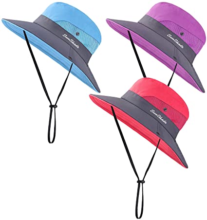 Cooraby 3 Pack Sun Hat Ponytail Wide Brim Adjustable Chin Strap Foldable Mesh Beach Hat for Hiking and Fishing