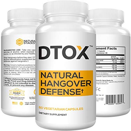Natural Stacks: DTOX - Hangover Pills - 60 Vegan Capsules - Natural Hangover Detoxification - Hangover Prevention - Super Antioxidants - Gluten Free - Vegan - Paleo Friendly