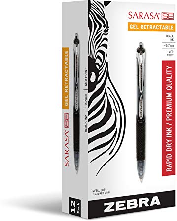 Zebra Pen 46410 Zebra Sarasa SE Retractable Gel Ink Pens, Medium Point 0.7mm, Black Rapid Dry Ink, 12-Count