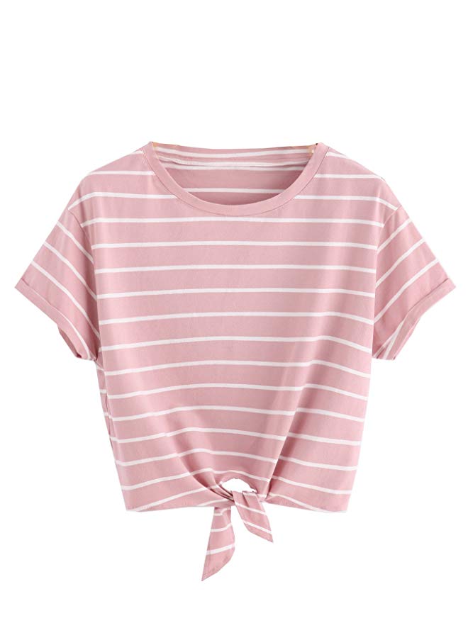 Romwe Women's Knot Front Cuffed Sleeve Striped Crop Top Tee T-Shirt