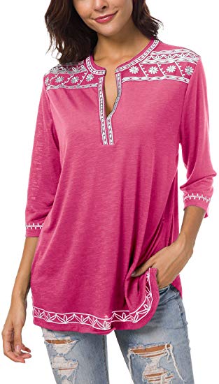 Women's 3/4 Sleeve Boho Shirts Embroidered Peasant Top