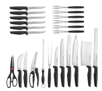Herzog 24 Piece Knife Set, Includes Chef Knife, Steak Knife, Bread Knife, Cheese Knife, Kitchen Scissor & More - Extremely Sharp High Quality NonStick Coating Kitchen Knives (Black)