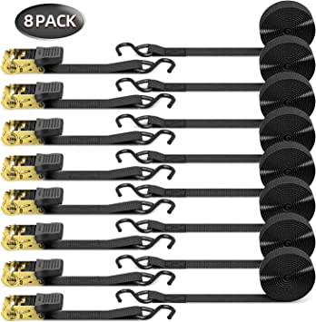 Ratchet Tie Down Strap 8-Pack 15 Ft - 500 lbs Load Cap with 1500 lbs Breaking Limit, Ohuhu Ratchet Tie Downs Logistic Cargo Straps for Moving Appliances, Motorcycle (Black)