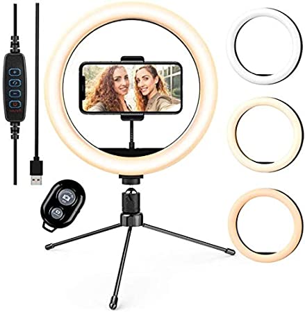 10.2" Selfie Ring Light, GUSGU Mini LED Camera Light Dimmable Desktop Circle Lamp with Cell Phone Holder and Tripod Stand for YouTube Video/Makeup Live Stream/TikTok
