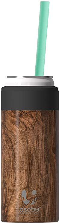 Asobu Skinny Can Cooler Insulated Stainless Steel Sleeve for a Slim 12 Ounce Can and Reusable Straw (Wood)