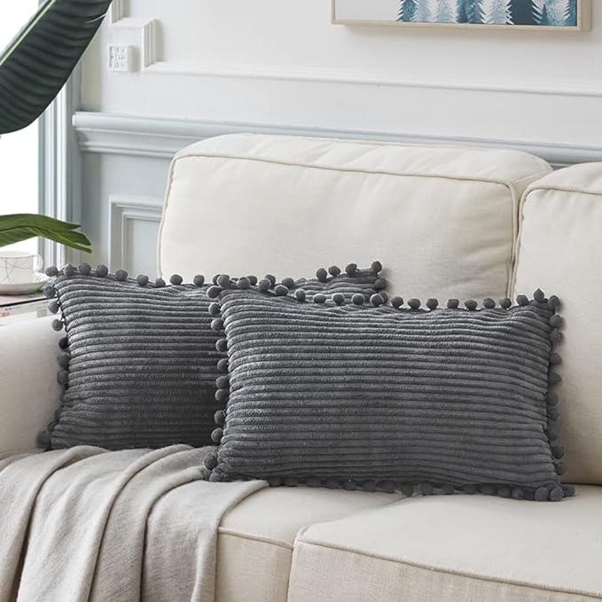 Fancy Homi 2 Pack Dark Gray Lumbar Decorative Throw Pillow Covers 12x20 Inch with Pom-poms for Couch Bedroom Sofa, Soft Corduroy Solid Rectangle Cushion Case 30x50 cm, Farmhouse Boho Home Decor