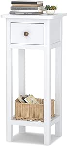 Giantex Tall End Table, Narrow Side Table with Drawer and Shelf, Acacia Wood Nightstand for Living Room, 2-Tier Bedside Table for Small Space, No Assembly, White