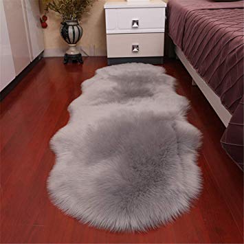 Dikoaina Classic Soft Faux Sheepskin Chair Cover Couch Stool Seat Shaggy Area Rugs for Bedroom Sofa Floor Fur Rug (Grey, 2 x 6 Feet Double Shape)
