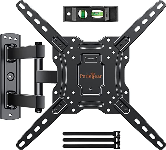 Perlegear TV Wall Mount for 26-55 inch Flat or Curved TVs, Full Motion TV Wall Mount with Articulating Arm, Swivel, Tilt, Single Stud TV Mount, Max VESA 400x400mm up to 60 lbs, PGMFK3