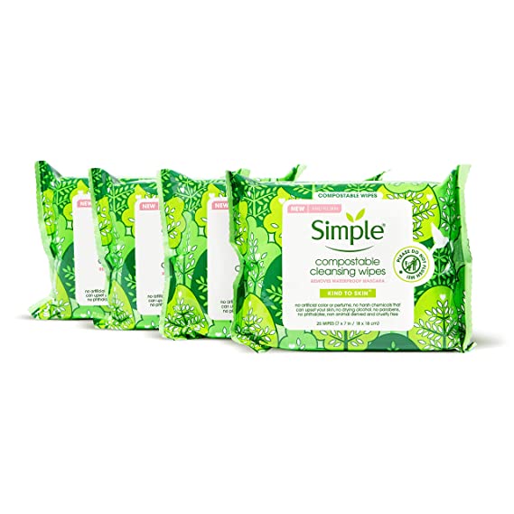 Simple Kind to Skin Cleansing Facial Wipes for Removing Makeup Compostable No Artificial Perfume or Color, Paraben Free, Phthalate Free 25 Count 4 Pack