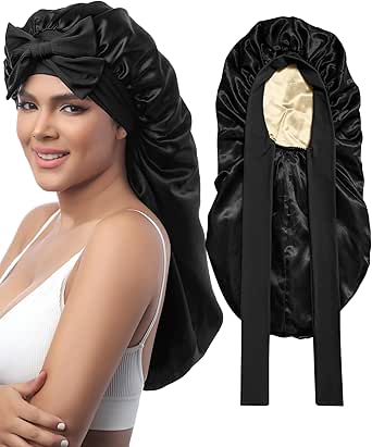 AWAYTR Long Satin Bonnet for Sleeping - Double Layer Reversible Silk Bonnet for Long Hair Women Sleeping Cap with Tie Band