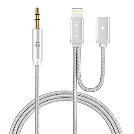 iPhone 7 AUX Cord, VIMVIP Multifunctional iPhone 7 Aux Adapter 2 in 1 Lighting to 3.5mm Aux iPhone 7 Charger Adapter Nylon Braided Auxiliary Audio Cable ( 3ft / 1m ) with Lightning 8Pin Female Extension Charger Port for iPhone 7 / 7 Plus to Car / Home Stereos (Silver)