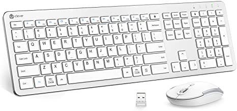 iClever Wireless Keyboard and Mouse - Rechargeable Wireless Keyboard Ergonomic Full Size Design with Number Pad, 2.4G Stable Connection Slim White Keyboard and mouse for Windows, Mac OS, Computer, Lap