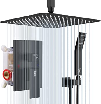 SR SUN RISE 12 Inch Ceiling Mount Matte Black Shower System Bathroom Luxury Rain Mixer Shower Combo Set Ceiling Rainfall Shower Head System (Contain Shower Faucet Rough-in Valve Body and Trim)