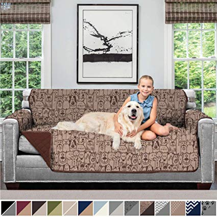 Sofa Shield Original Patent Pending Reversible Sofa Slipcover, Dogs, 2" Strap/Hook, Seat Width Up to 70" Furniture Protector, Couch Slip Cover Throw for Pets, Kids, Cats (Sofa: Dog/Chocolate)