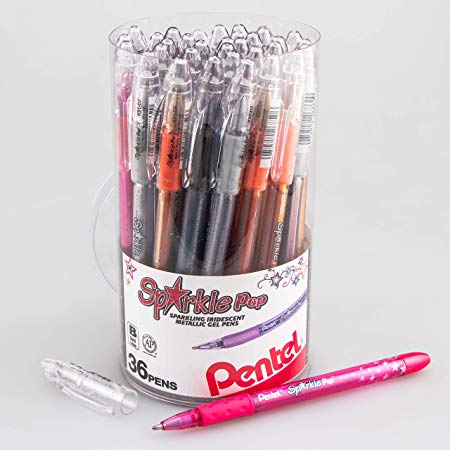 Pentel Sparkle Pop Iridescent Gel Pens, (1.0mm) Bold lines, Assorted Ink (A/C/D/F/P/V/X/Z) 36-pk Canister (K91PC36M)