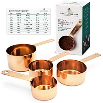 Copper Measuring Cup Set – Set of 4 Copper Plated Stainless Steel Measuring Cups. Polished Finish, Rust Resistant, Engraved Size and Precise Measurement. Classic Kitchen Accessories.