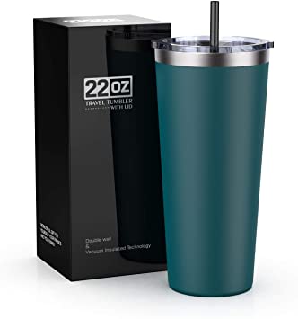 Bastwe 22oz Insulated Tumbler with Lid & Straw, Stainless Steel Coffee Cup, Double Wall Vacuum Insulated Travel Coffee Mug with Splash Proof Sliding Lid for Home & Office (Dark Green)