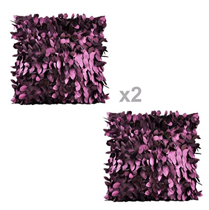 WOMHOPE 2 Pack - 3D Solid Satin Flower Leaves Square Throw Covers Pillowcase Bed Sofa Couch Cushion Pillowcase Arts Decorative Cover Wedding Throw Pillow Covers (Purple)