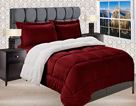 Elegant Comfort Premium Quality Heavy Weight Micromink Sherpa-Backing Reversible Down Alternative Micro-Suede 3-Piece Comforter Set, Queen, Burgundy