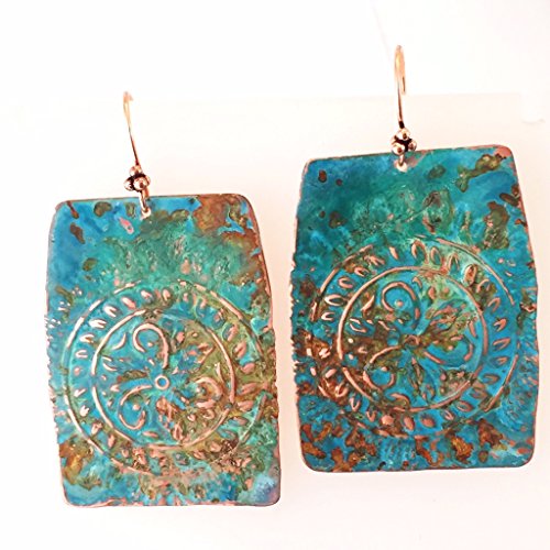 Ma'at Oversized Boho Blue, Rust and Green Patina Medallion Earrings in Copper by BANDANA GIRL