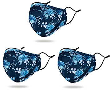 Face Cloth Reusable with Prints and Adjustable Bridge, Pack 3_Flower Blue