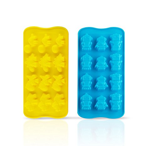 Deik 2 pieces Premium Silicone Molds for Candy, Chocolate, Ice Cube, Baking, Building of Cute Robots and Dinosaur