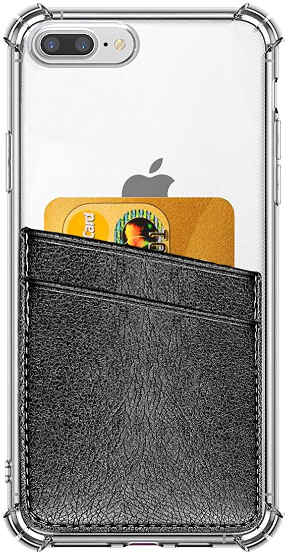ANHONG iPhone 7 Plus / 8 Plus Clear Case with Card Holder, [Slim Fit] Protective Soft TPU Shockproof Wallet Case with Vegan Leather Card Slot (Black)