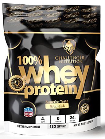 CHALLENGER NUTRITION -100% Whey Protein Powder. VANILLA - 10 Pound /LBS. Best Tasting WITH 24g protein per serving. For Athletes, Bodybuilding, Muscle Building & Faster Recovery