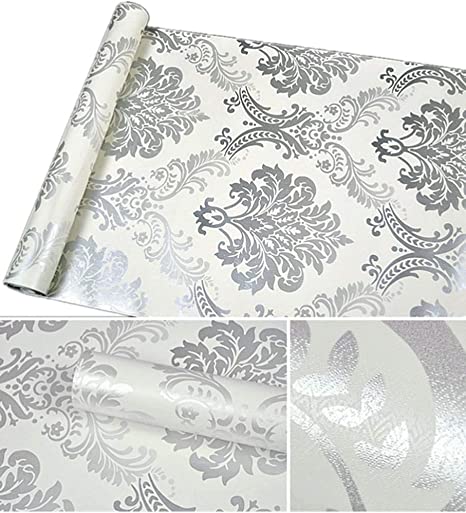 Amao Grey Damask Peel and Stick Wallpaper Self Adhesive Vinyl Shelf Liner for Cabinets Sheves Livingroom Wall Decal 17.7inch by 79inch
