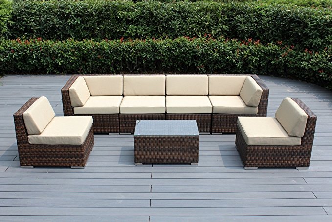 Ohana 7-Piece Outdoor Patio Furniture Sectional Conversation Set, Mixed Brown Wicker with Sunbrella Antique Beige Cushions - No Assembly with Free Patio Cover