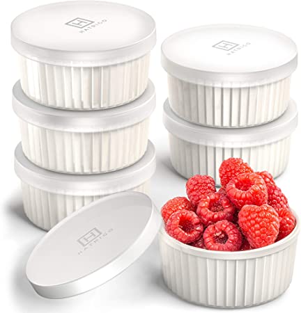 Hatrigo Porcelain Ramekins with Silicone Storage Lids, Set of 6 White Ramekins, Ramekins 4 oz Oven Safe, 450 deg F, Dishwasher Safe