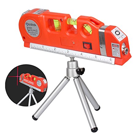 Qooltek Laser Level Line Laser Measure  8ft Tape Ruler Adjusted Standard and Metric Rulers with Silver Metal Tripod Stand(Red)