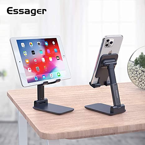 Adjustable Cell Phone Holder, Essager Foldable Tablet Stand Mobile Phone Mount for Desk Compatible with Samsung Galaxy ipad Mini iPhone All Smartphones-Black