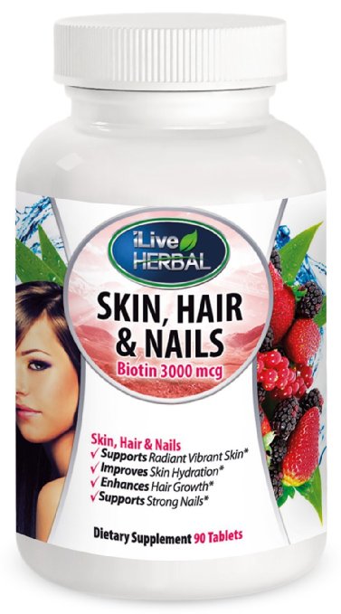 Skin, Hair & Nails Vitamin - 3000mcg Biotin Plus 27 Other Essential Herbs, Vitamins & Minerals for Healthy Nail & Hair Growth & More Beautiful Skin - Beauty Supplements for Women & Men - 90 Tablets.