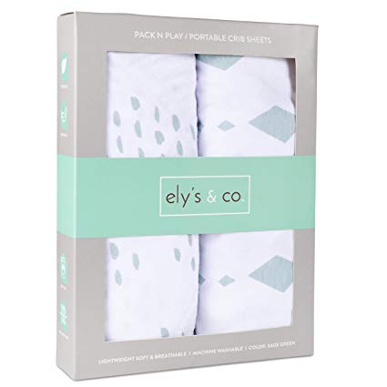 Pack N Play Portable Crib Sheet Set 100% Jersey Cotton Unisex for Baby Girl and Baby Boy - Sage Green Diamond Design by Ely's & Co.