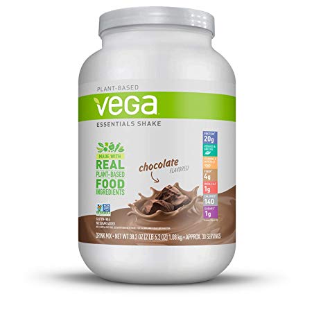 Vega Essentials Shake Chocolate(30 Servings, 38.1 oz) - Plant Based Vegan Protein Powder, Non Dairy, Gluten Free, Smooth and Creamy, Non GMO