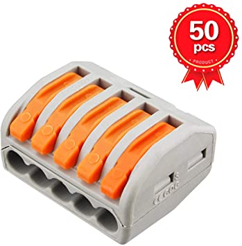 XHF 50 Pcs 222-415 Lever-nuts 5 Conductor Combination Compact Wire Connectors 5 Port Fast Connection Terminal 28-12 AWG Suitable for Multiple Types of Wires