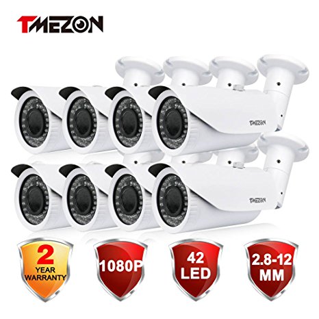TMEZON 8 Pack HD-CVI 2.0MP Dome Security Camera 1080P Outdoor 42 IR LEDs Day Night 2.8-12MM Zoom Lens Wide Angle View Video Surveillance