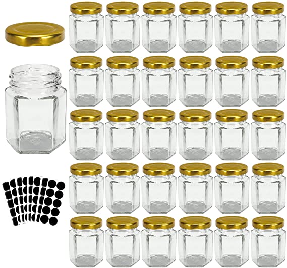 3 oz Hexagon Glass Jars with Gold Lids, 30 Pack Honey Jars Canning Jars Small Spice Jars for Jelly, Herb, Jams, Candy, Wedding Favors, Includes Labels and Pen